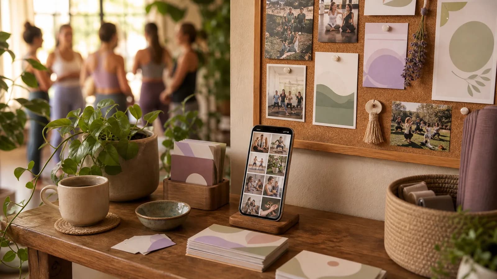 A yoga studio community board with a phone showing abstract social photo tiles, flyers, plants, and tea.
