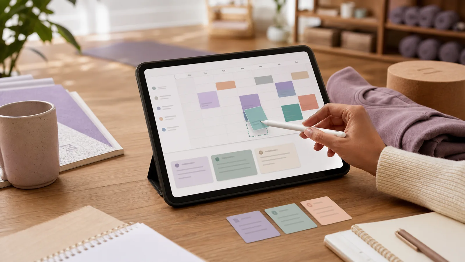 A studio operations tablet showing abstract colored schedule blocks being moved across a weekly calendar.