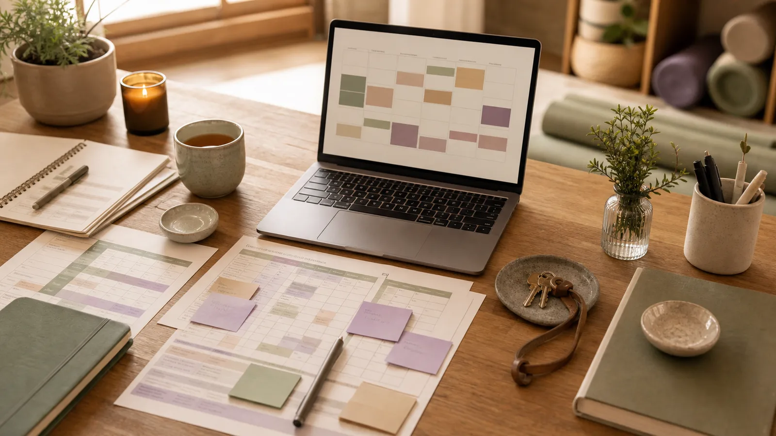 A lived-in yoga studio office desk with a laptop, schedule sheets, sticky notes, tea, and keys.