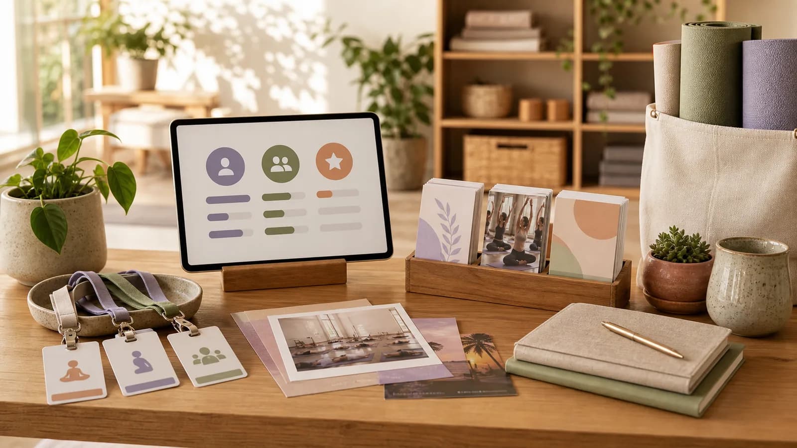 A yoga studio check-in desk with role tags, class cards, workshop passes, and a tablet.